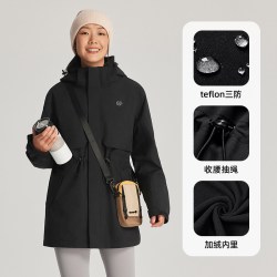 探拓 户外女中长款收腰冲锋衣秋冬加绒保暖徒步防风防水外套