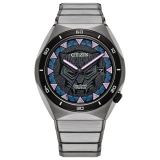Citizen 西铁城 男式 Eco-Drive 漫威黑豹手表超级钛黑豹艺术多色表盘(型号:AW1668-50W),银色和黑色,5 英寸,经典, 银色和黑色, 经典的