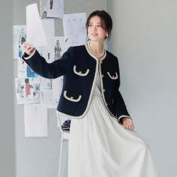 伊芙丽 】箱型撞色编织小香风精致通勤藏青色外套上衣女春
