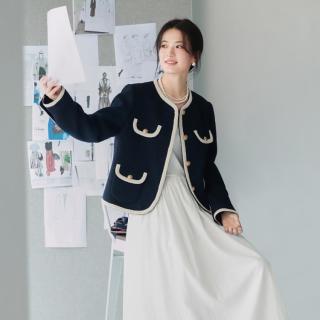 伊芙丽 】箱型撞色编织小香风精致通勤藏青色外套上衣女春