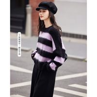 百亿补贴：德玛纳 冬季圆领堆堆袖拉绒条纹拼色针织衫女上衣