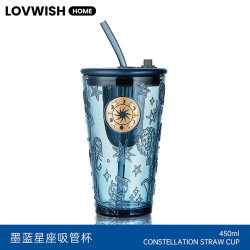 乐唯诗 玻璃吸管杯大容量双饮口  墨蓝星座吸管杯450ml