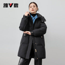 雅鹿 中长款款羽绒服女2025拆卸连帽加厚保暖冬季外套 星空黑 S