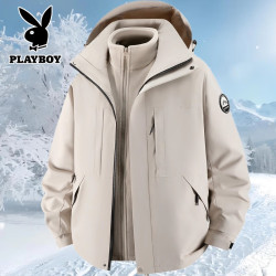PLAYBOY 新款冲锋衣可拆卸三合一男女士情侣外套秋冬季防风防水滑雪衣男士 冰晶灰