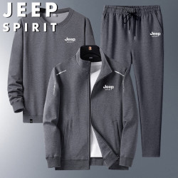 JEEP SPIRIT 吉普套装男士户外运动休闲简约卫衣长裤外套三件套 灰色 L