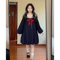 大菀家设计感JK制服日系新款学院风海军领灯笼袖蝴蝶结连衣裙中长款裙子 海军领裙子 S