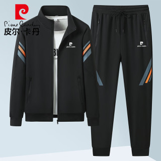皮尔·卡丹 皮尔卡丹（pierre cardin）长袖外套男士秋冬季夹克长裤套装运动户外休闲两件套 黑色 XL