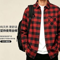马登 重磅300g美式复古格子衬衣 潮 阿美咔叽加厚双口袋工装长袖衬衫男