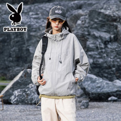 PLAYBOY 秋季新款双层防风防水冲锋衣夹克男女款户外徒步登山情侣运动外套 远山灰 XL