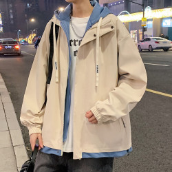 格斯岚帝 夹克男春秋款2026新款外套假两件冲锋宽松连帽时尚潮流男装上衣服 5381卡其 XL
