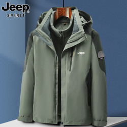 JEEP SPIRIT 吉普冲锋衣三合一夹克男秋冬季男士防风加绒可拆卸户外登山服外套 军绿色 XL