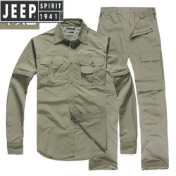 JEEP SPIRIT 户外速干衣裤套装男夏季衬衣薄款长袖登山徒步钓鱼工作服防水透气 卡其套装 XL
