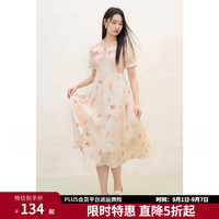 独束 大码女装碎花荷叶边连衣裙2025新款夏季收腰方领显瘦法式裙子 香槟橘 XL （尺码：3）