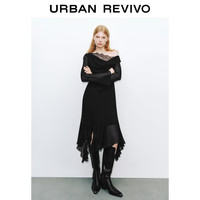 URBAN REVIVO UWJ750100 拼接蕾丝荷叶边 正黑 S 连衣裙