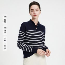 navigare 小帆船纯羊毛宽松针织衫女士通勤高领条纹毛衣