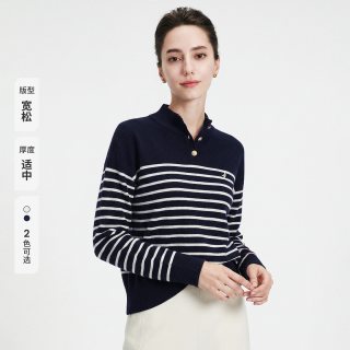 navigare 小帆船纯羊毛宽松针织衫女士通勤高领条纹毛衣