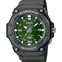 CASIO 男士石英表 100米防水 LED照明 树脂表带 八角形表盘 绿黑配色