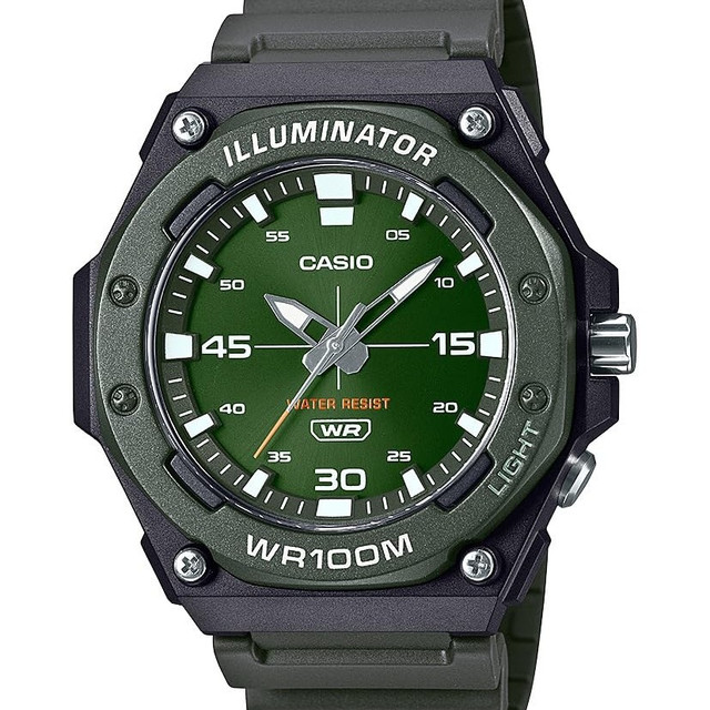 CASIO 男士石英表 100米防水 LED照明 树脂表带 八角形表盘 绿黑配色