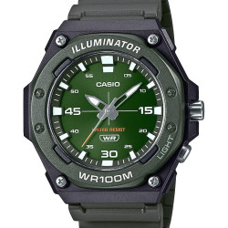 CASIO 男士石英表 100米防水 LED照明 树脂表带 八角形表盘 绿黑配色