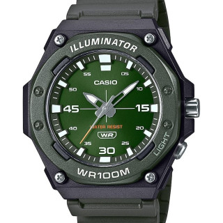 CASIO 男士石英表 100米防水 LED照明 树脂表带 八角形表盘 绿黑配色