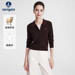 navigare [羊毛]Navigare小帆船棕色翻领长袖针织衫女假两件毛衣