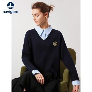 navigare [假两件]Navigare意大利小帆船衬衫领毛衣女针织羊毛衫