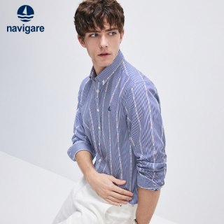 navigare 【纯棉】Navigare意大利小帆船蓝条纹衬衫男长袖休闲衬衣