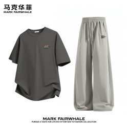 马克华菲 亲肤纯棉短袖搭配冰丝凉爽长裤两件套男士日常百搭宽松整套男装