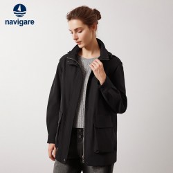 navigare 意大利小帆船黑色中长款风衣女外套