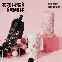 大容量咖啡杯男女生可爱便携陶瓷保温杯高颜值ins蝴蝶户外吸管杯