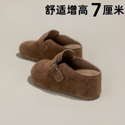 厚底增高7cm包头勃肯半拖鞋女2026新款皮带扣欧货百搭毛毛加绒