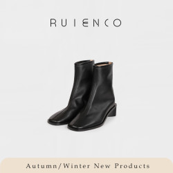 RuienCo.法式及简风短靴 弹力混种羊皮舒适百搭中跟粗跟中筒裸靴