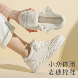 人本 加绒保暖高帮棉鞋女冬季厚底小白鞋运动板鞋皮面百搭短靴棉靴