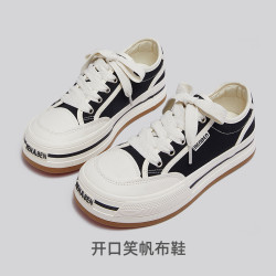 人本 松糕厚底帆布鞋女休闲百搭运动板鞋ins街拍潮开口笑大头女鞋