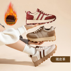 猪皮革加绒红色休闲鞋女时尚百搭鞋子女ins潮牌百搭
