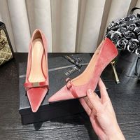2026春季新款方扣蝴蝶结方头高跟鞋女细跟丝绒粉色单鞋