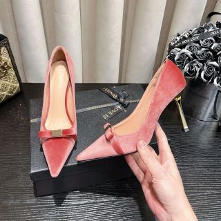 2026春季新款方扣蝴蝶结方头高跟鞋女细跟丝绒粉色单鞋