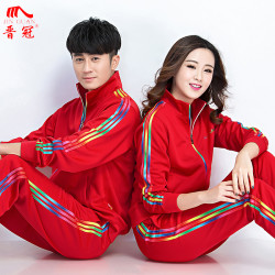 晋冠 春秋季红色长袖女健身操彩条运动套装中老年广场舞演出团体服