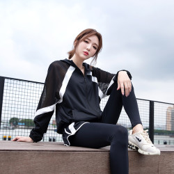 健身套装女大码长袖户外休闲速干连帽晨跑瑜伽服运动衣2101