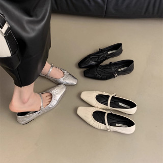 若沙丽 银色奶奶单鞋女春秋新款软皮温柔仙女风气质法式晚晚鞋平底玛丽珍