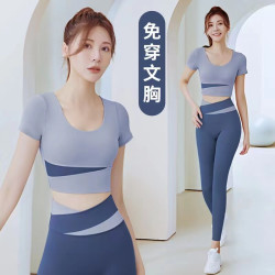 卡瓦杰 瑜伽服带胸垫短袖长裤跑步健身运动显瘦新款套装