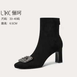 高跟短靴子女2026秋冬新款粗跟后拉链方头洋气黑色百搭单靴瘦瘦靴