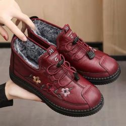 华歌韵 老北京棉鞋女冬一脚蹬妈妈鞋加绒加厚保暖中老年棉靴皮面防水防滑