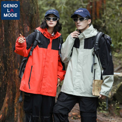 GENIOLAMODE 冲锋衣男款撞色户外登山上衣春秋款情侣连帽夹克外套