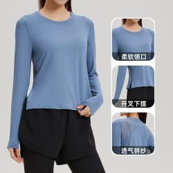 201158健身服女跑步长袖运动服修身显瘦户外圆领训练透气瑜伽服