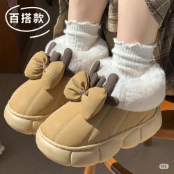 明盛 女士蝴蝶结防水包跟加绒保暖防滑厚底秋冬季棉鞋外穿时尚立体卡通