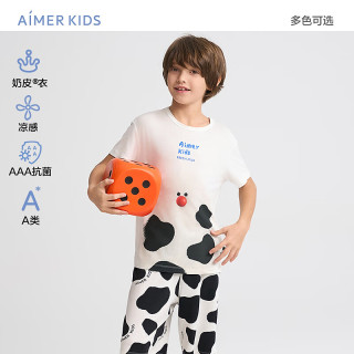 爱慕 儿童奶皮衣男女童短袖睡衣睡裤家居服春夏空调服宝宝薄款抗菌a类透气 上衣-黑白奶皮怪 120 （34-48斤）