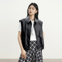 迪赛尼斯 极简PU皮无袖翻领短外套2026秋新款黑色机车皮衣马甲女