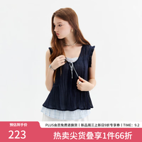范思蓝恩 假两件设计感压褶减龄气质无袖上衣女夏季2026新款2767 藏青色 XS