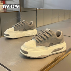 BFGN 品牌牛皮男鞋2026秋季新款透气板鞋男士运动鞋软底增高休闲鞋子男 白灰